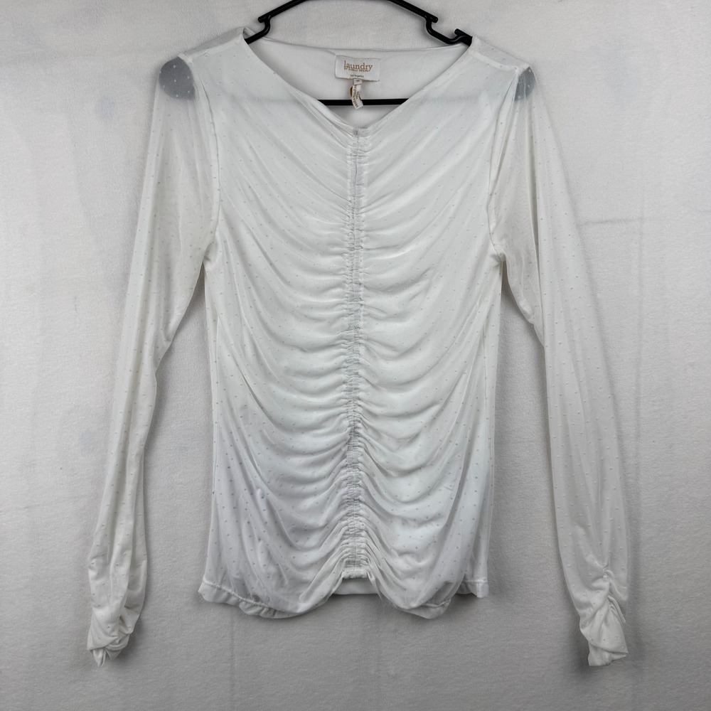 Laundry by Shelli Segal Women's White Polka‎ Dot Mesh Ruched Top Size M